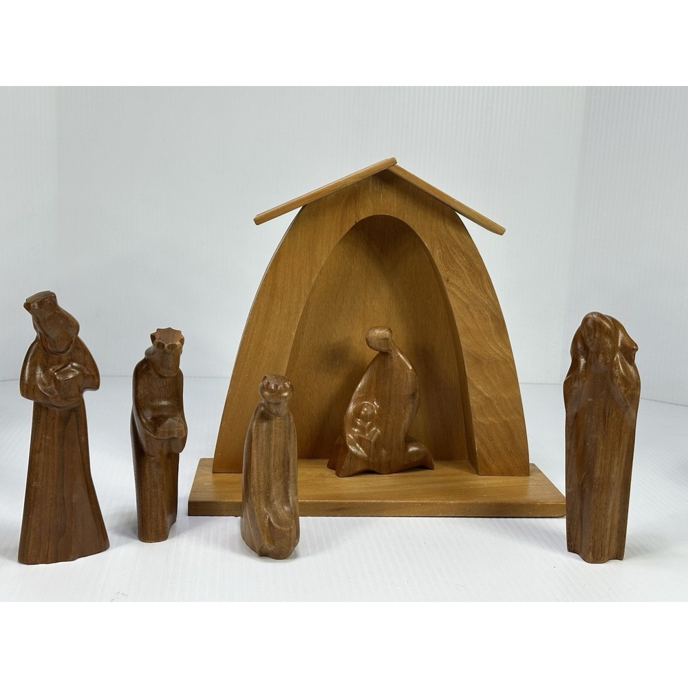 Vintage MCM Carved Wood Nativity Scene Manger 3 Kings Mary Jesus Stable Boy